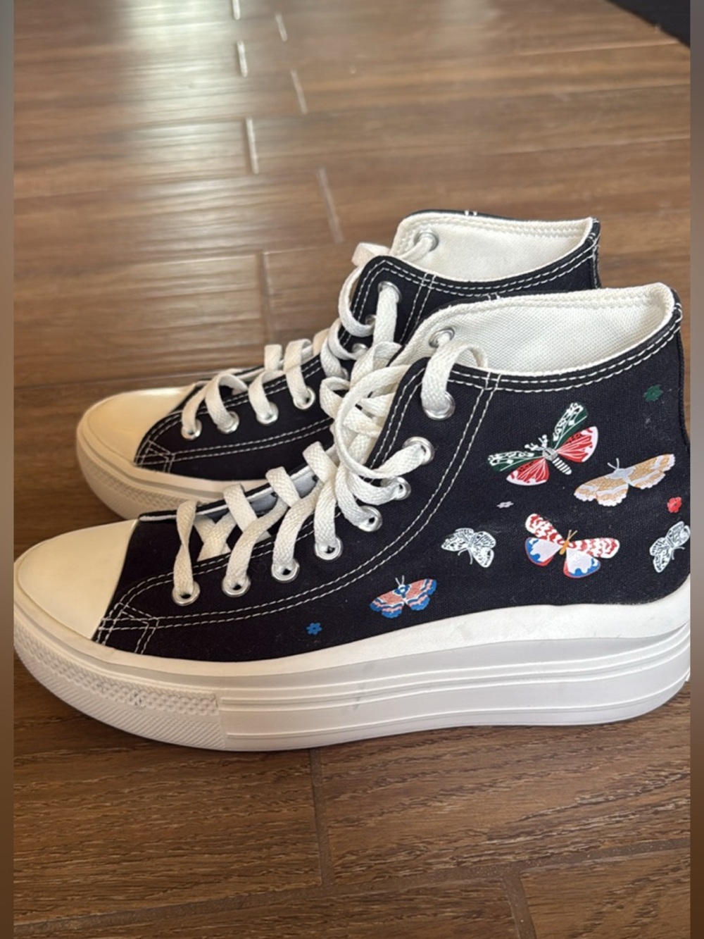Platform Converse High-Top Sneakers with Butterfly Print - Black Women Size 9.5